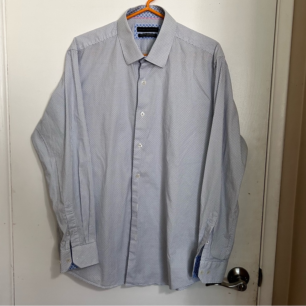 REPORT COLLECTION POLO SHIRT LONG SLEEVES WHITE WITH BLUE GRAY DOTS 16-1/2” NECK